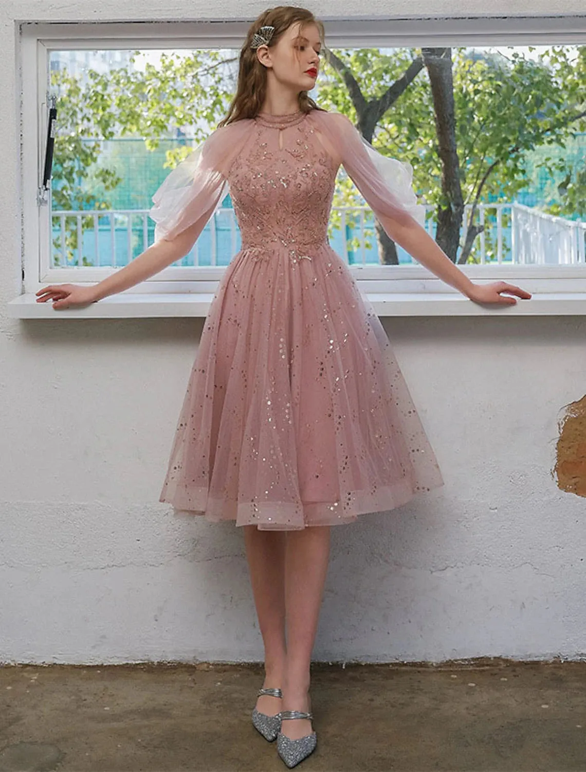 A-Line Cocktail Dresses Elegant Dress Wedding Guest Graduation Knee Length 3/4 Length Sleeve Jewel Neck Tulle with Sequin Appliques