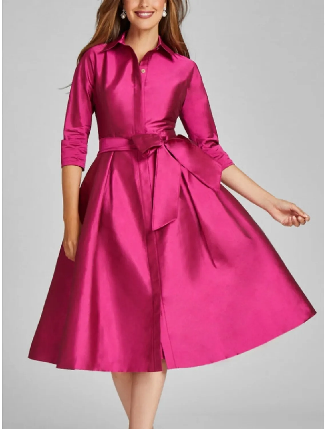 A-Line Cocktail Dresses Minimalist Dress Formal Fall Knee Length 3/4 Length Sleeve Shirt Collar Satin with Bow(s) Slit