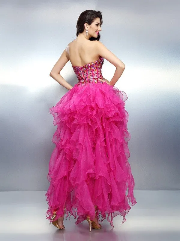 A-Line/Princess Sweetheart Rhinestone Sleeveless High Low Organza Cocktail Dresses