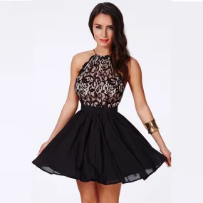 Bear Shoulder High Waist Lace Chiffon A-line Short Dress