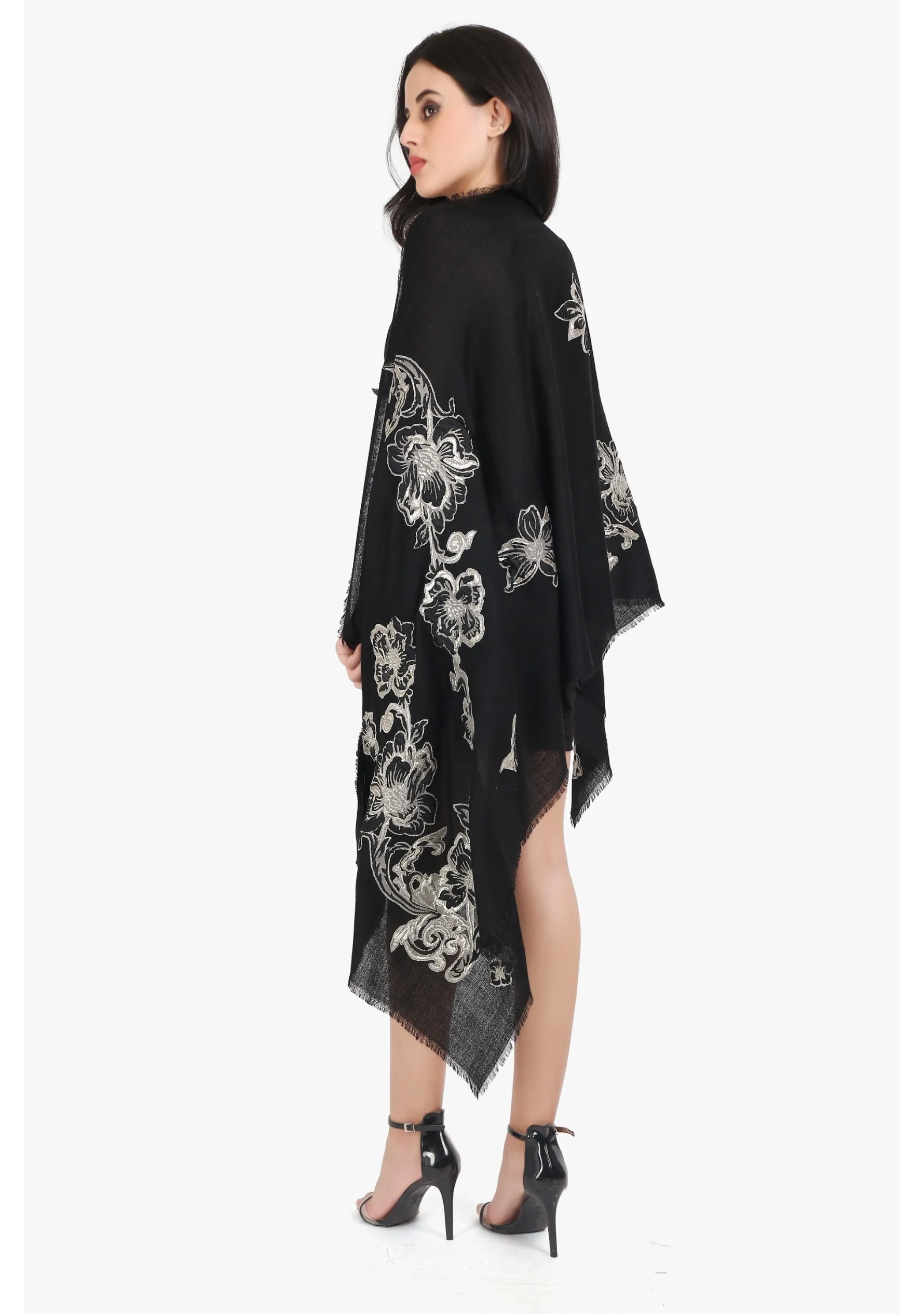 Black Cashmere Scarf with Black and Silver Flower Appliques