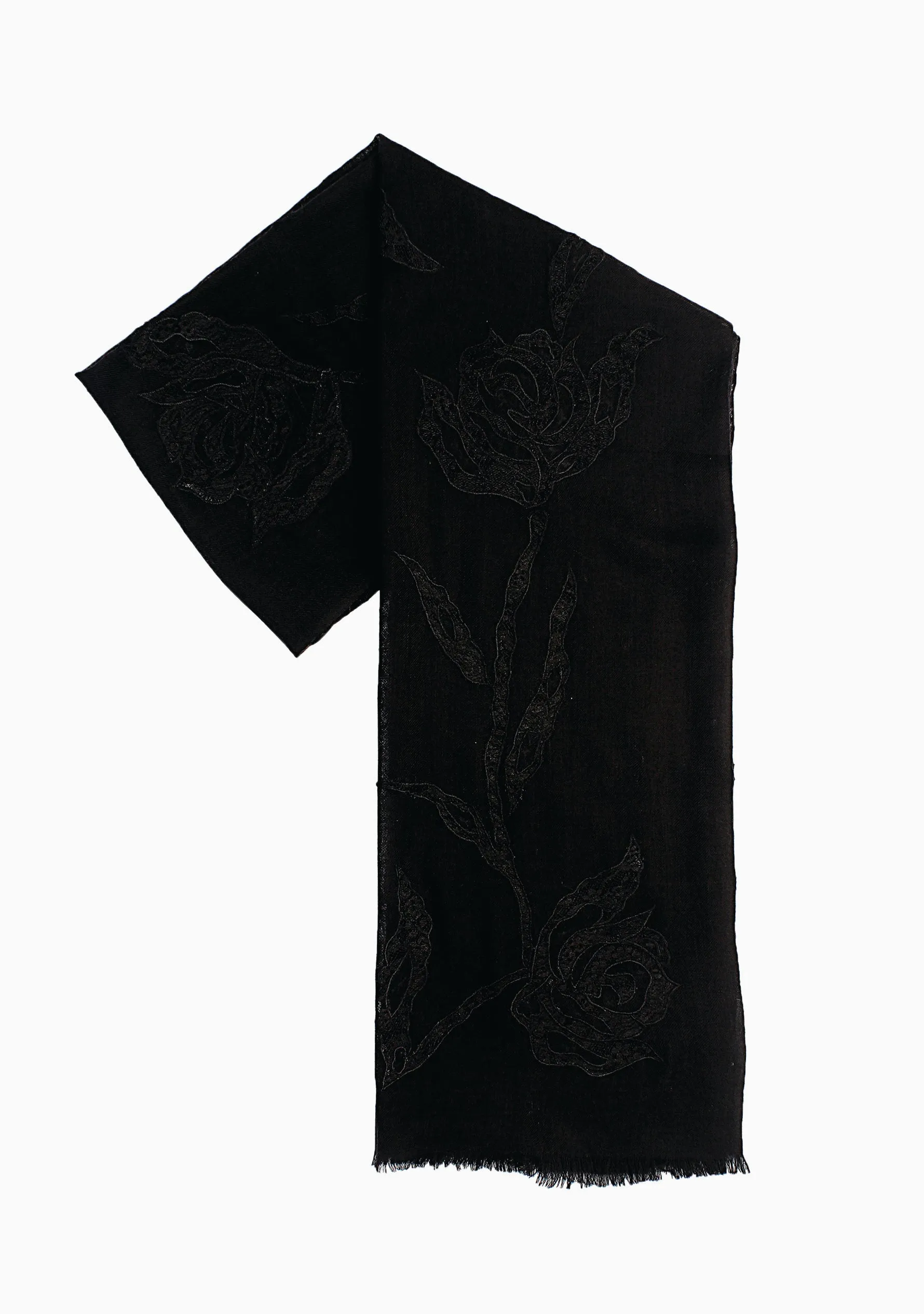 Black Cashmere Scarf with Black Rose Lace Applique