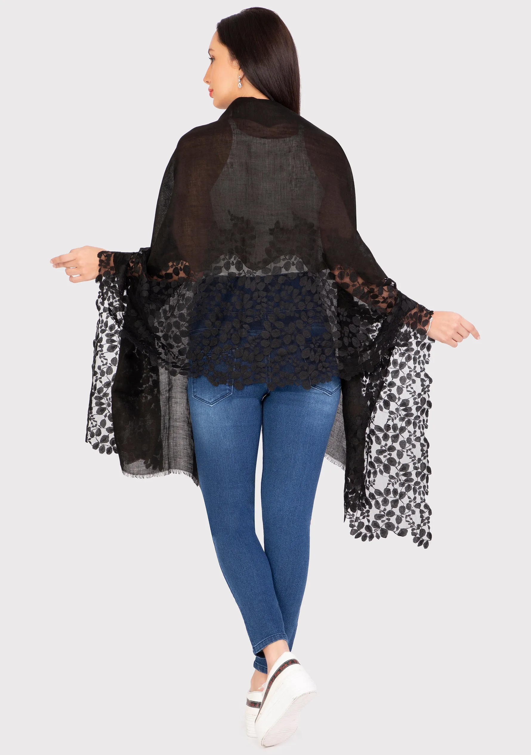 Black Linen and Modal Scarf with a Black Bold Leaf Lace