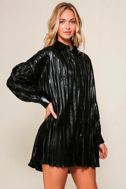 Black Long Foil Pleated Knit Button Down Shirt Dress