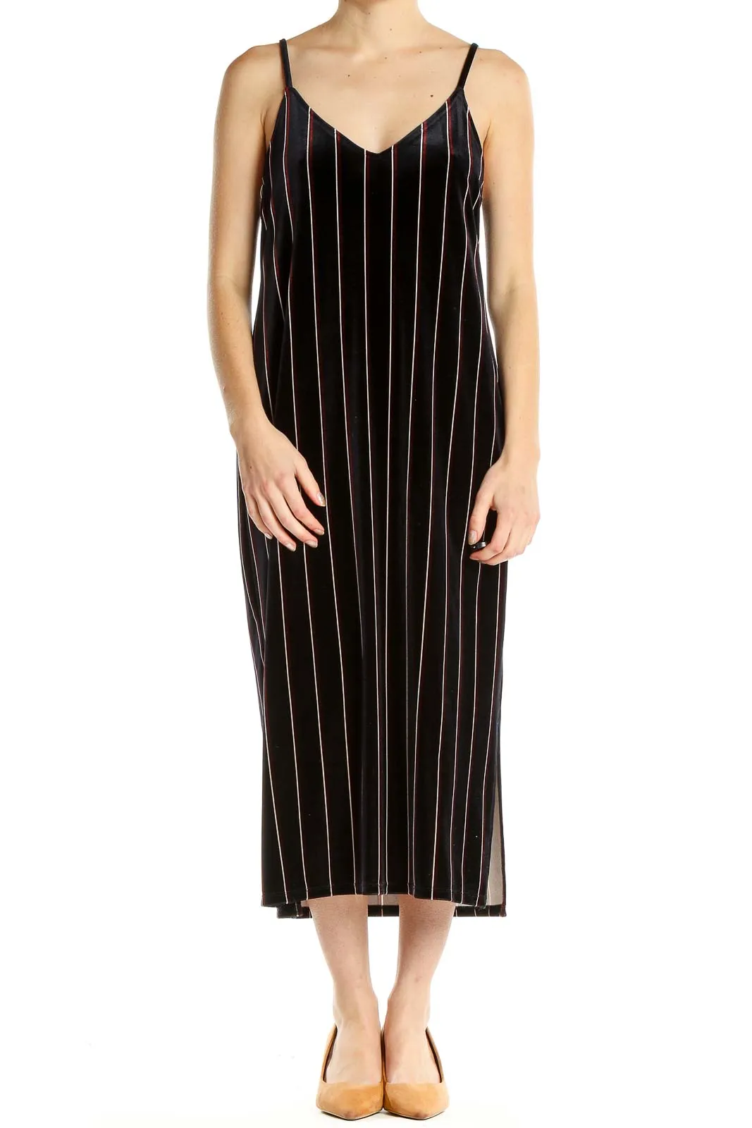 Black Striped Velour Classic Sheath Dress