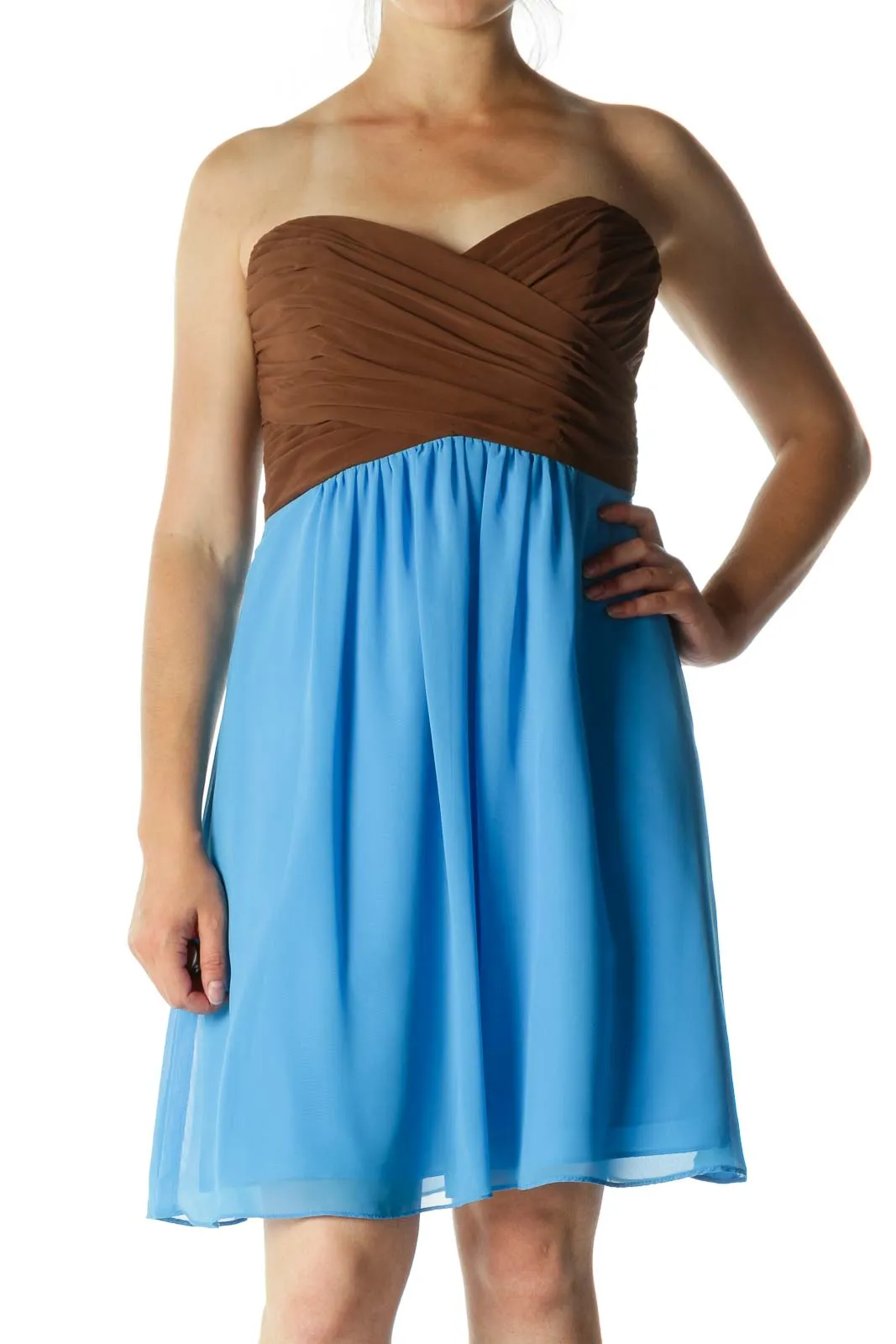 Blue and Brown Pleated Strapless Dress