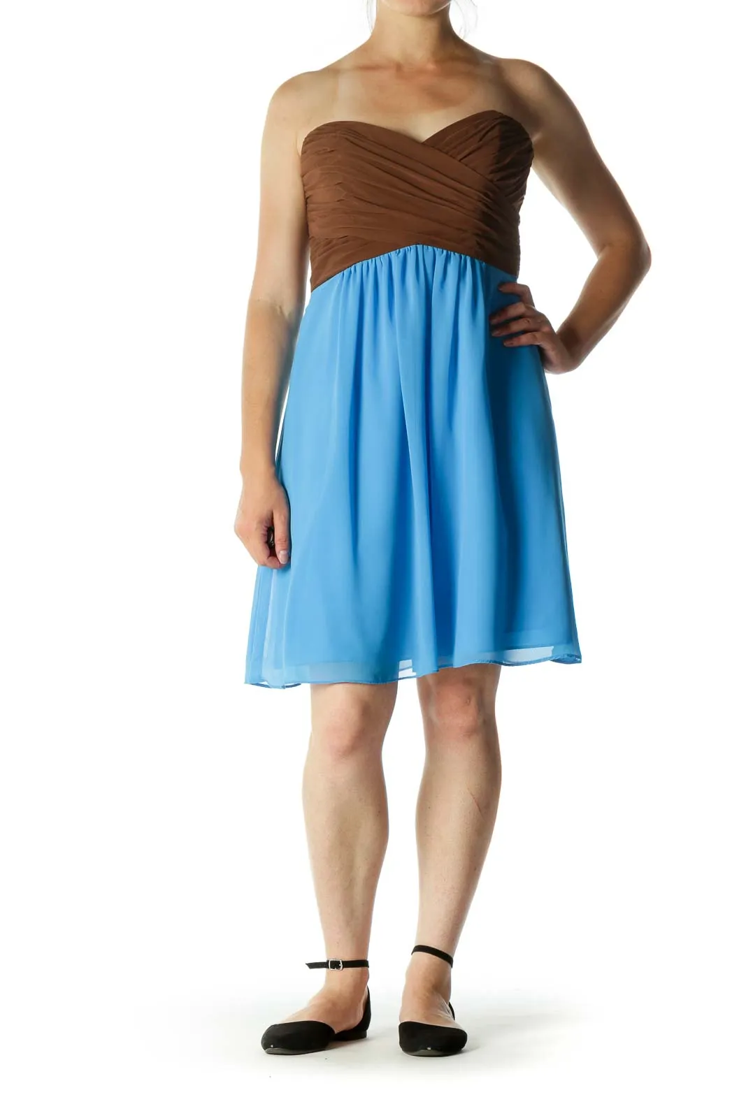 Blue and Brown Pleated Strapless Dress