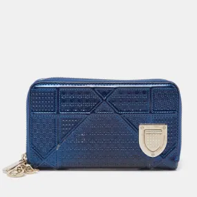 Blue Micro Cannage Patent Leather Diorama Zip Around Wallet