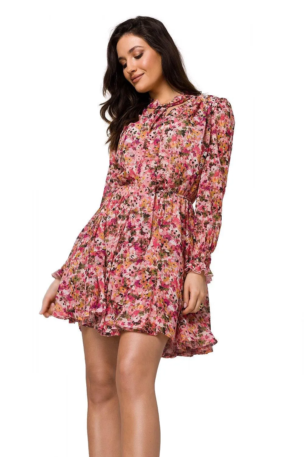 Chic Floral Chiffon Mini Dress with Frill Sleeves and Tie Waist