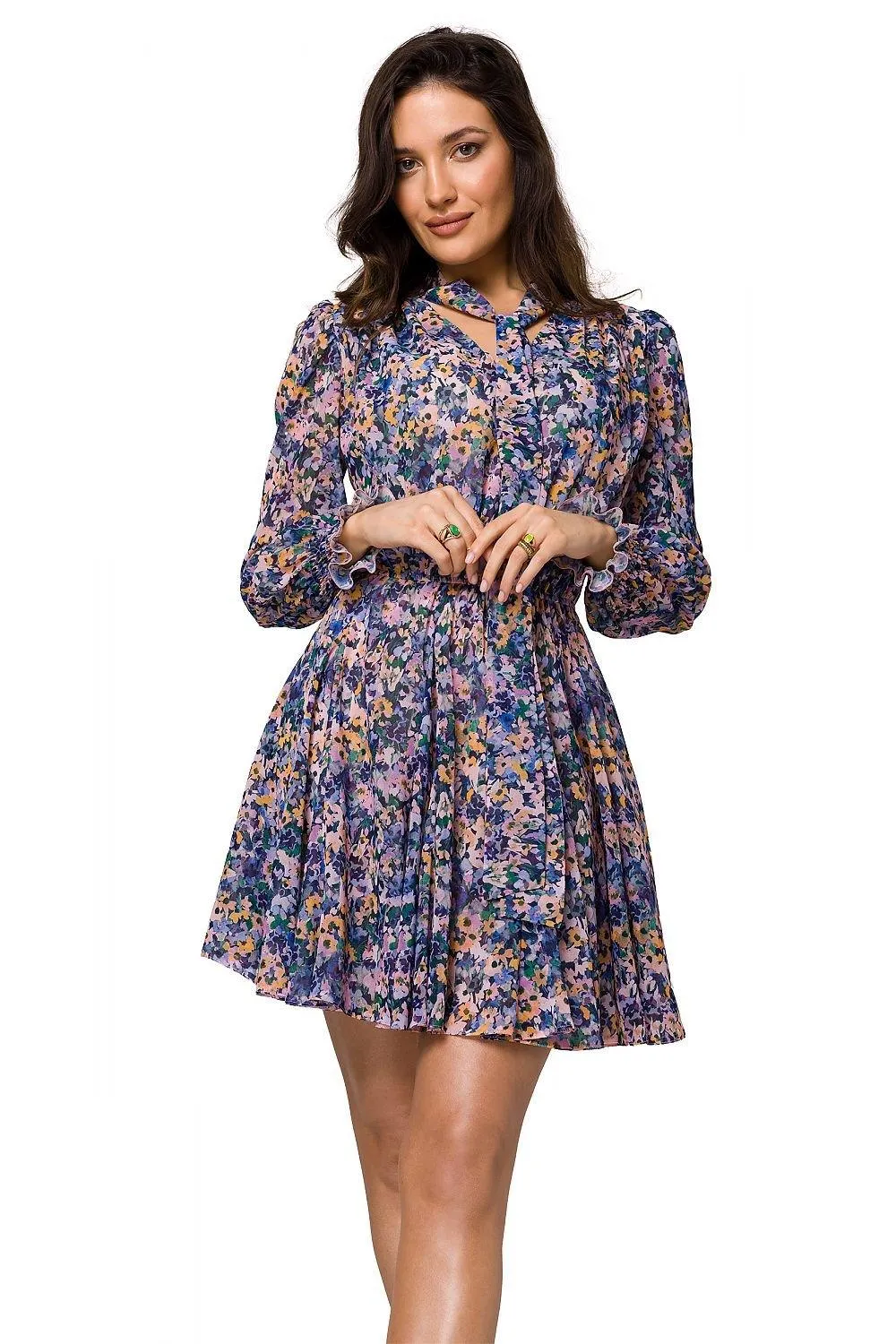 Chic Floral Chiffon Mini Dress with Frill Sleeves and Tie Waist