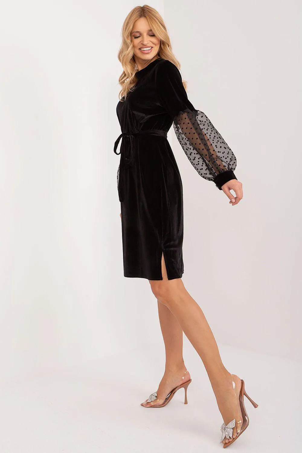 Elegant Knee-Length Dress with Sheer Sleeves and Cinched Waist