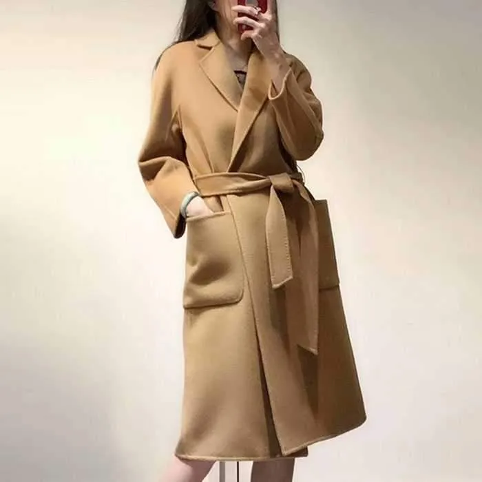 Free Shipping Camel Cashmere Wool Trench Overcoat Womens