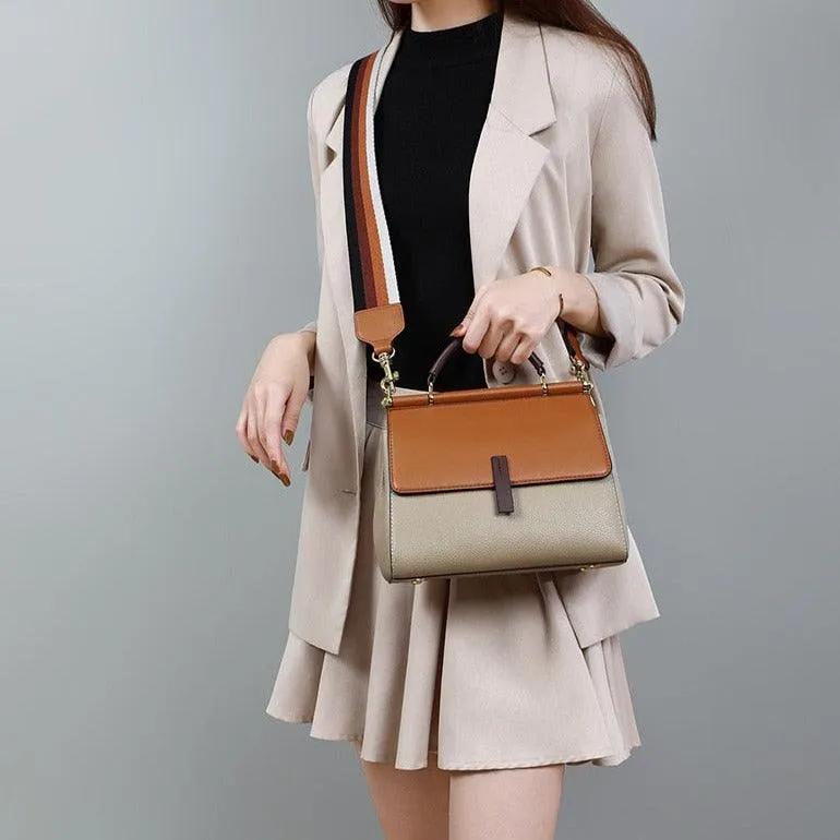 Genuine Leather Contrast Color Shoulder Bag