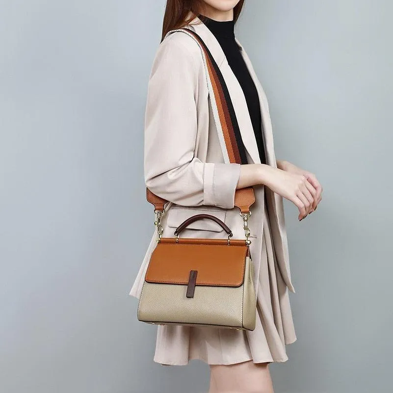 Genuine Leather Contrast Color Shoulder Bag