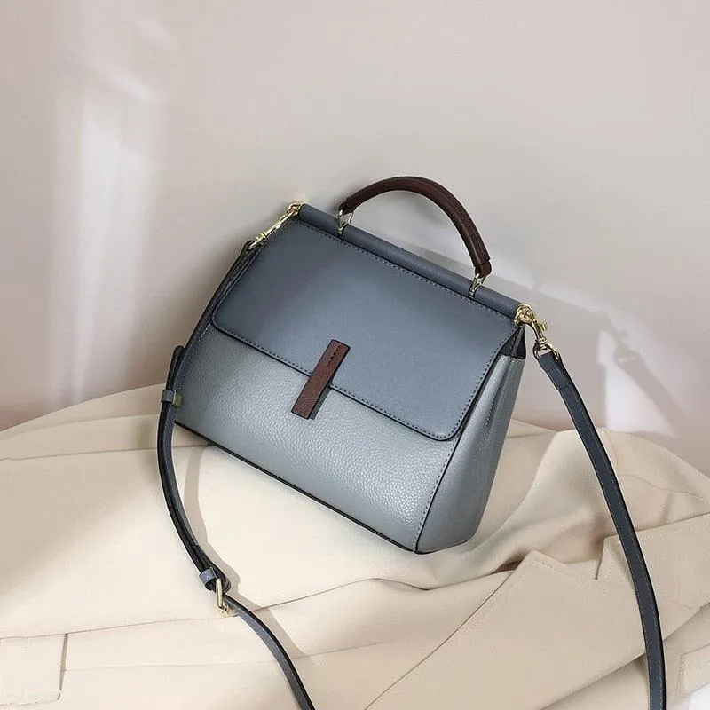 Genuine Leather Contrast Color Shoulder Bag