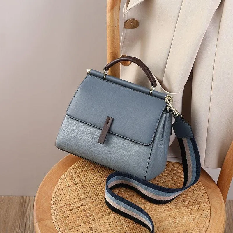 Genuine Leather Contrast Color Shoulder Bag