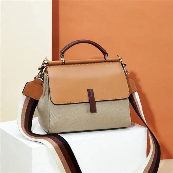 Genuine Leather Contrast Color Shoulder Bag