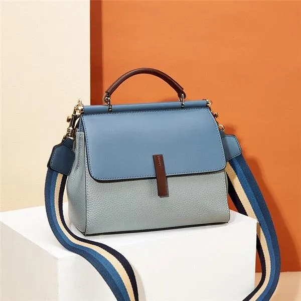 Genuine Leather Contrast Color Shoulder Bag