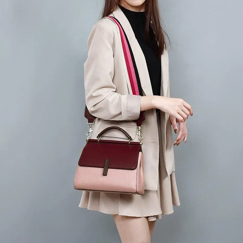 Genuine Leather Contrast Color Shoulder Bag