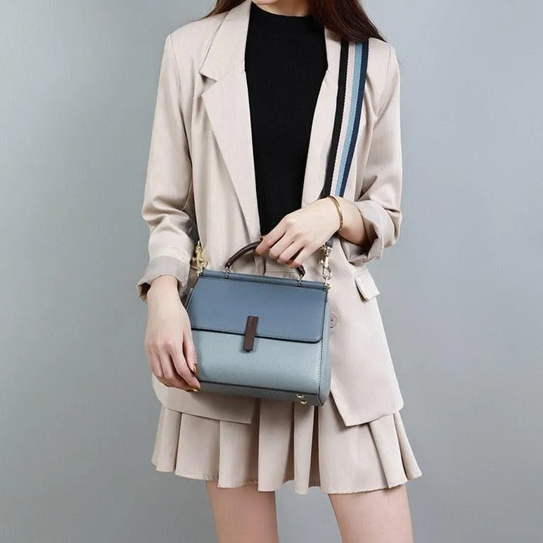 Genuine Leather Contrast Color Shoulder Bag