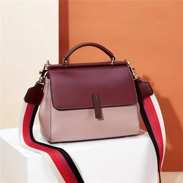 Genuine Leather Contrast Color Shoulder Bag