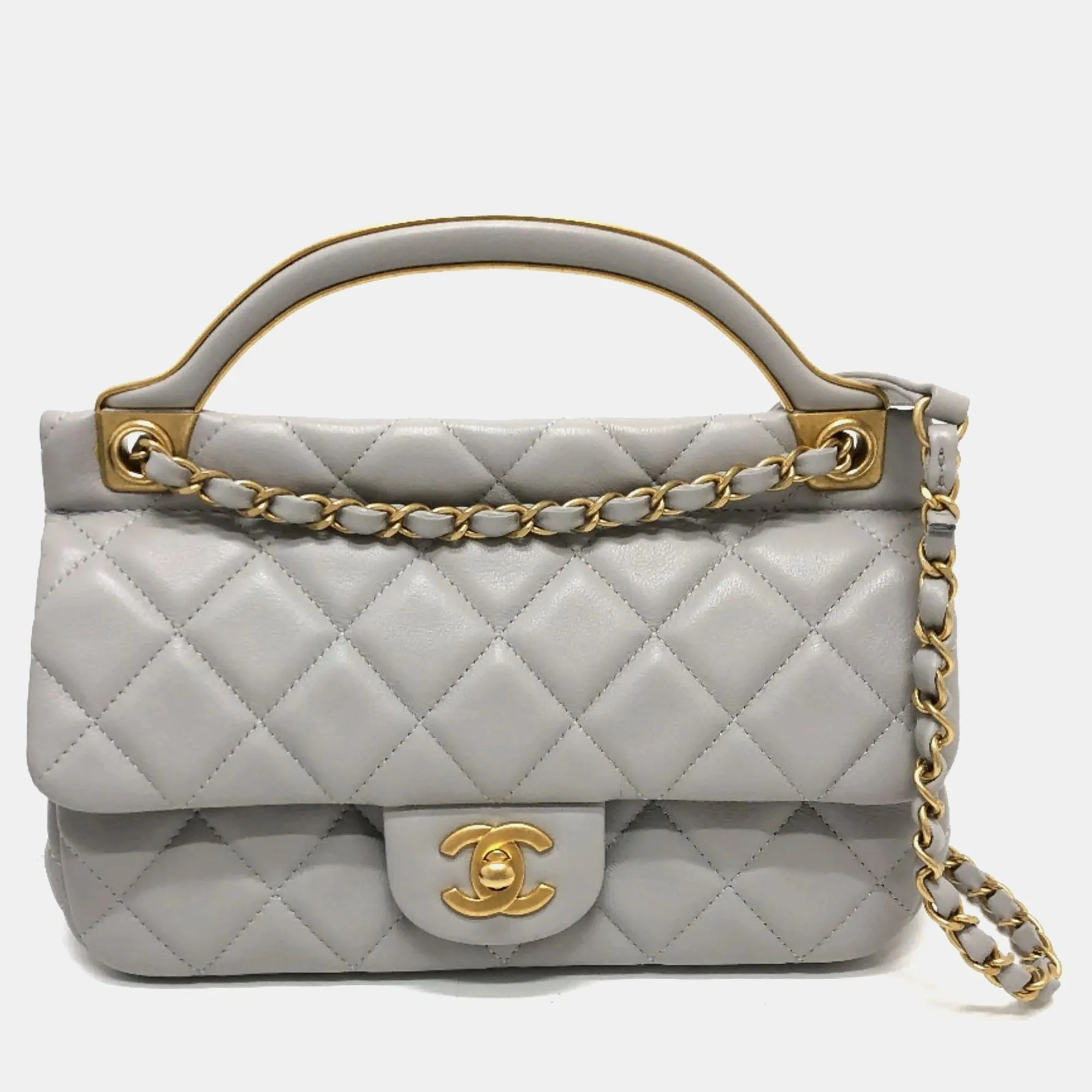 Grey Calfskin Quilted Small Lady Handle Clutch With Chain