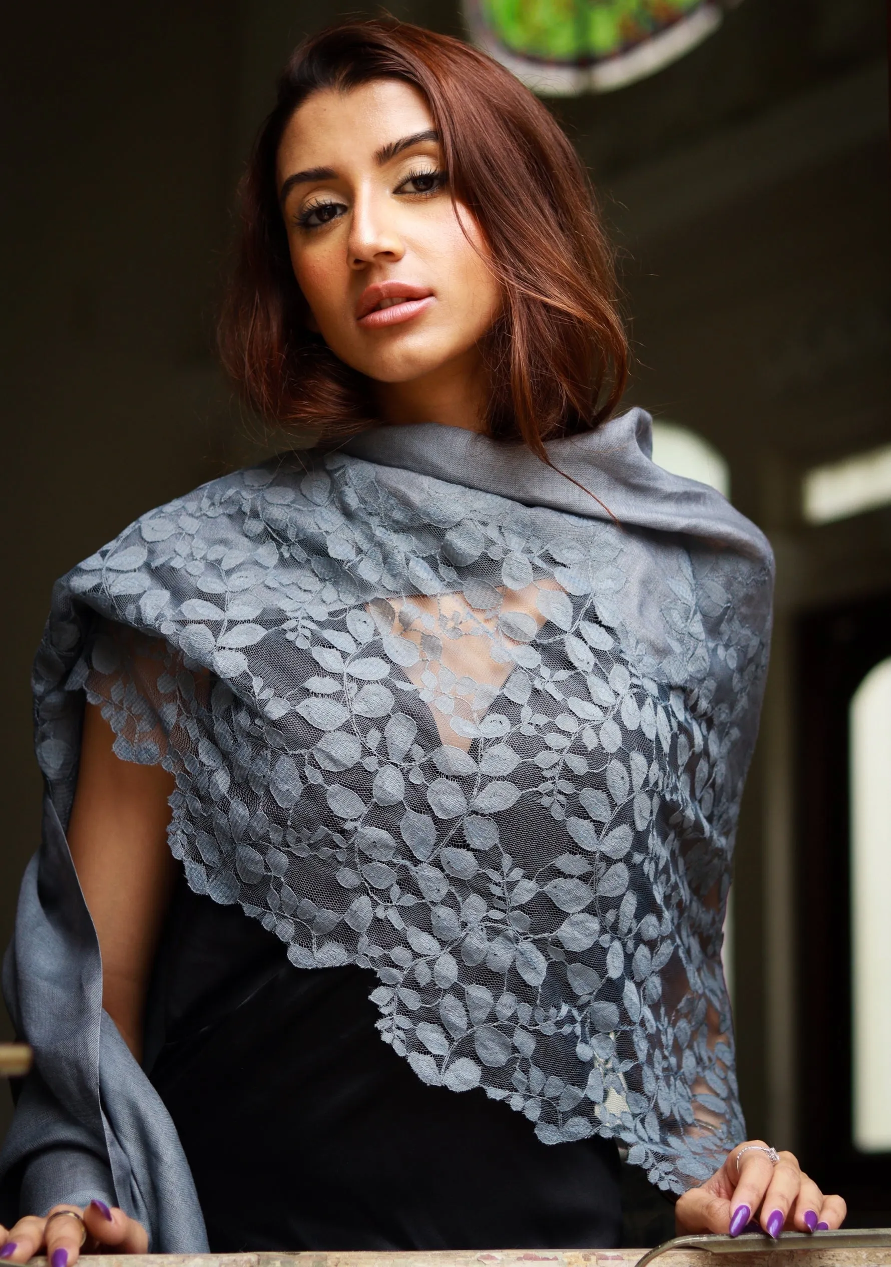 Grey Linen and Modal Scarf with a Grey Bold Leaf Lace