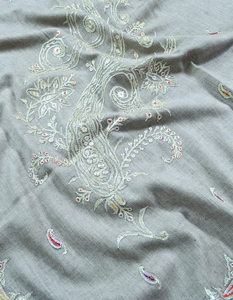 greyish natural tilla embroidery pashmina shawl 8416