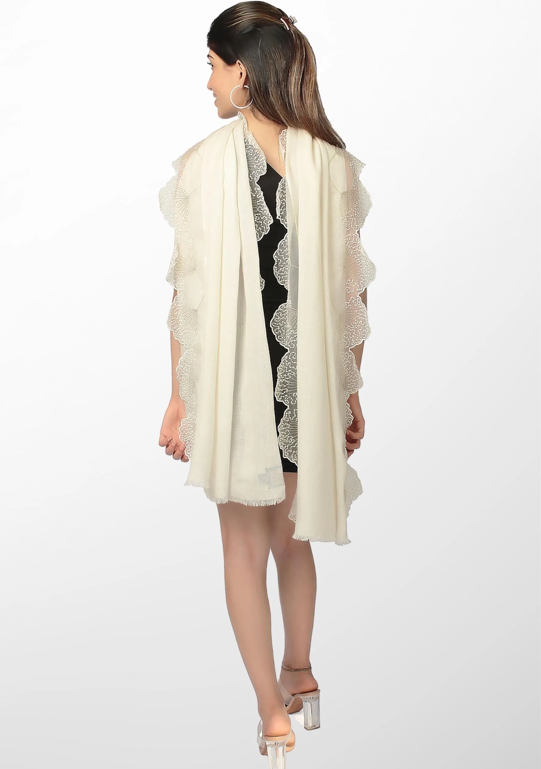 Ivory Cashmere Scarf with Ivory Pearl Embroidered Borders