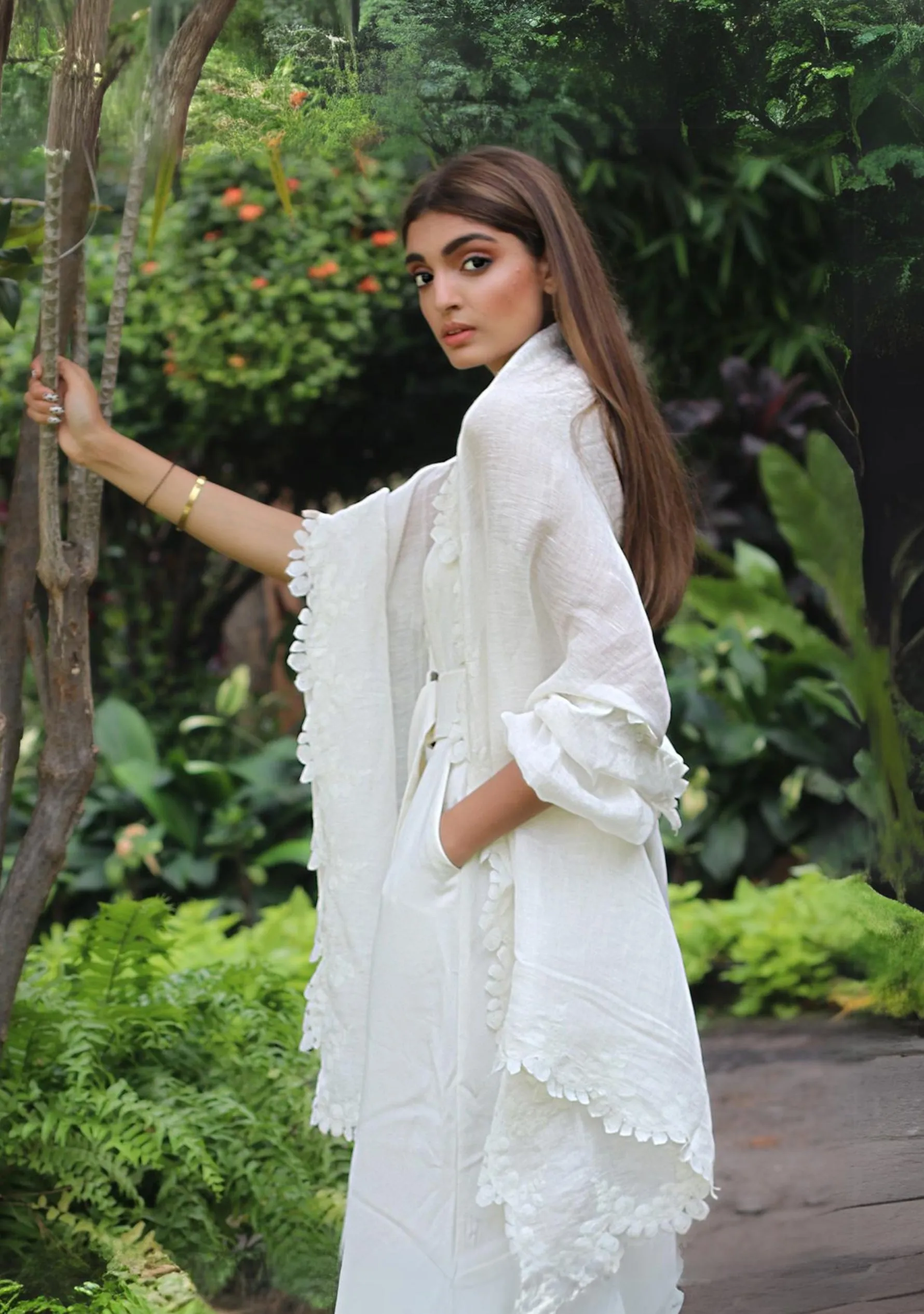 Ivory Linen and Modal Scarf with an Ivory Scalloped Lace Border