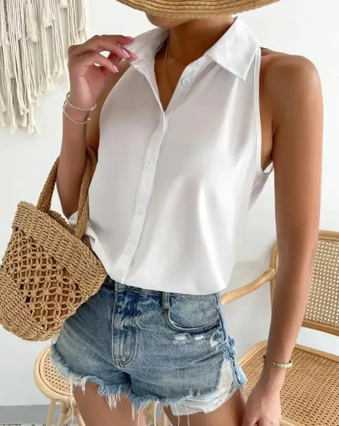 Ivyshape | Casual Polo Style Sleeveless Blouse for Women