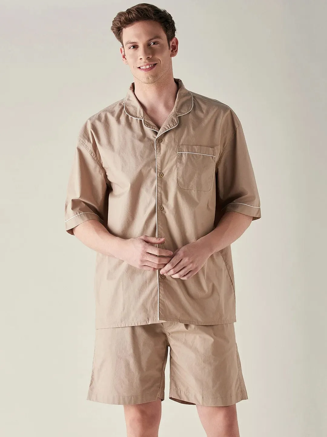 Mens Beige Solid Pure Cotton Crisp Shorts Set