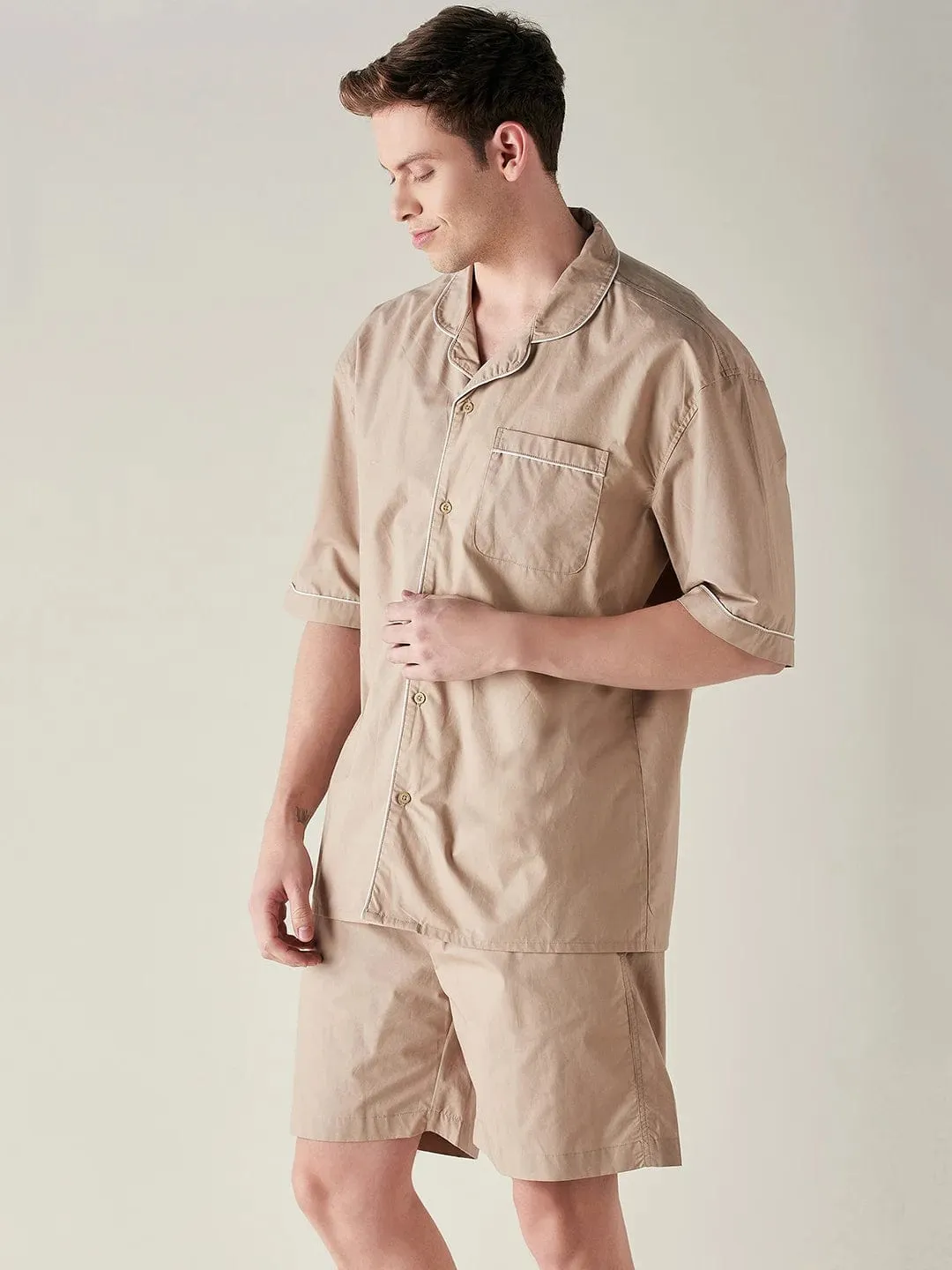 Mens Beige Solid Pure Cotton Crisp Shorts Set