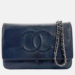 Navy Blue Leather  CC Wallet On Chain