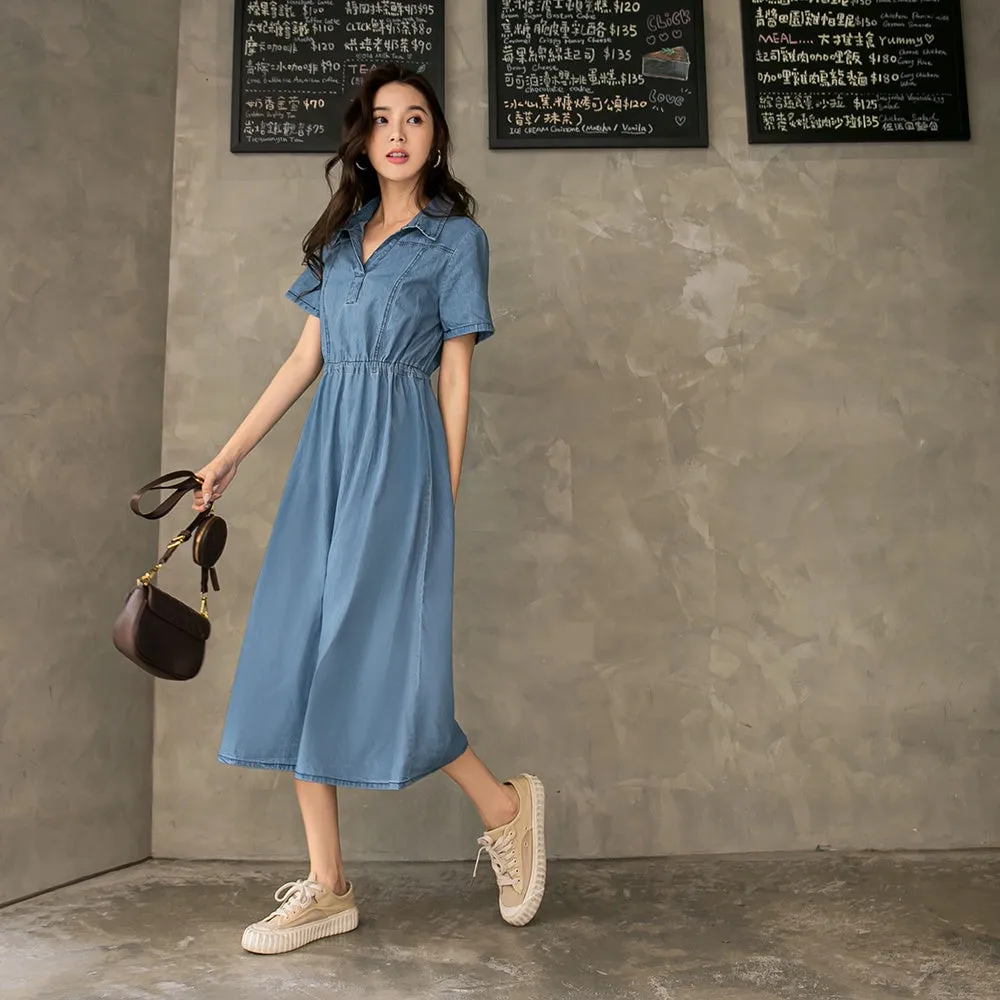 Ob Design Women Casual Denim Drawstring Long Maxi Shirt Dress Plus Size