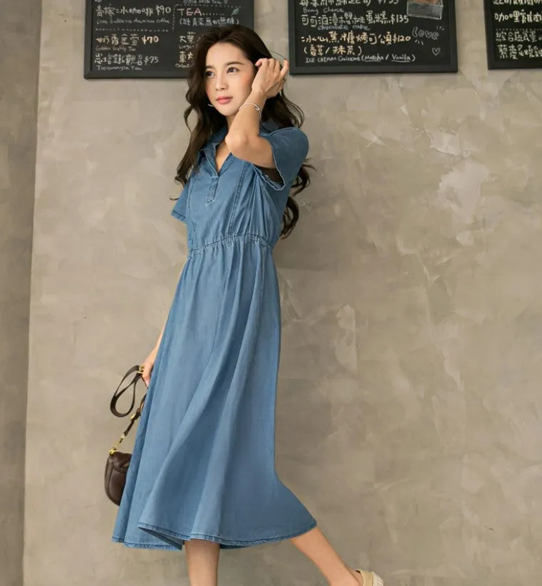 Ob Design Women Casual Denim Drawstring Long Maxi Shirt Dress Plus Size