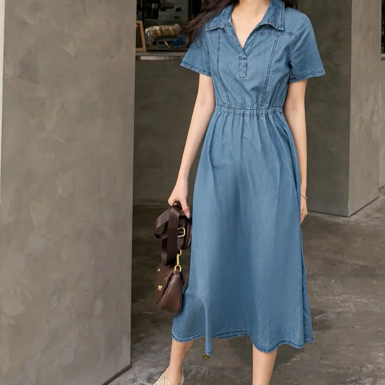 Ob Design Women Casual Denim Drawstring Long Maxi Shirt Dress Plus Size