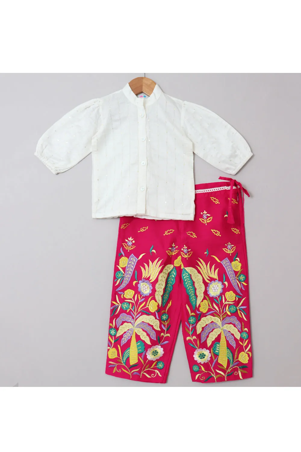 Off White Sequins Embellished Chanderi Shirt With Embroidered Pants Set