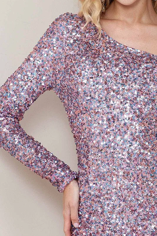 Pink Multi One Shoulder Sequin Mini Dress