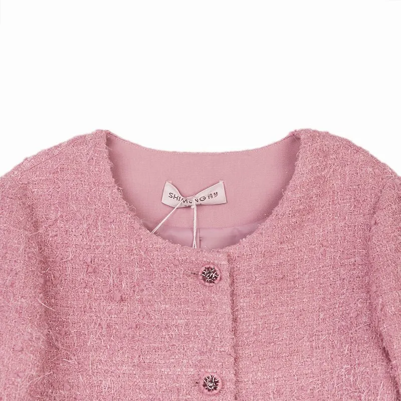 Pink Short Tweed Jacket With Metal Buttons