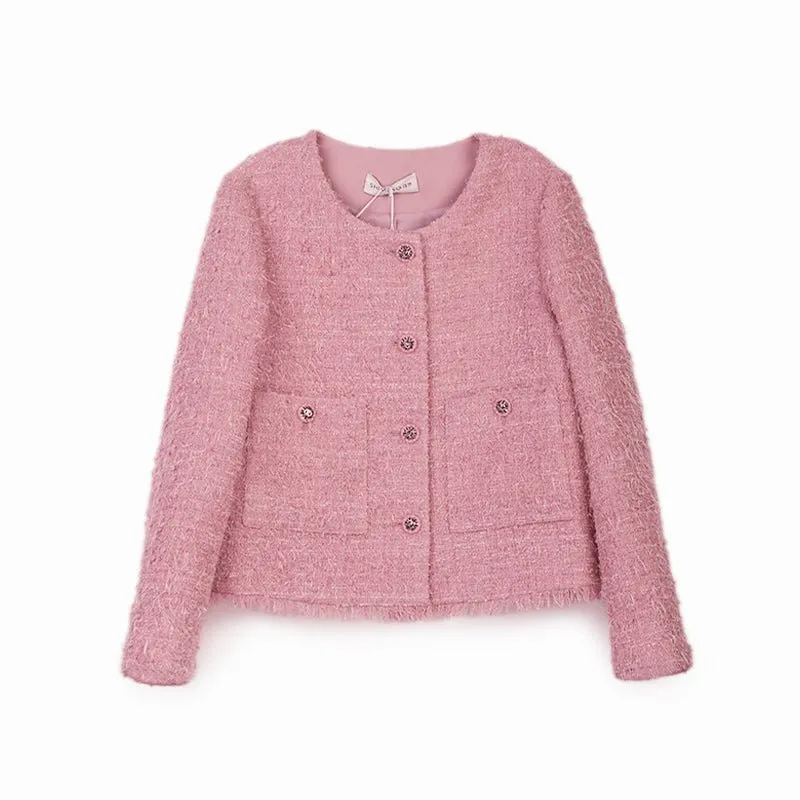 Pink Short Tweed Jacket With Metal Buttons