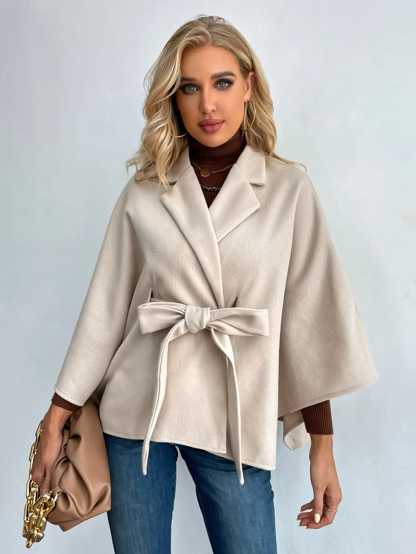 Plain Belted Three Quarter Length Sleeve Lapel Regular Women Overcoat