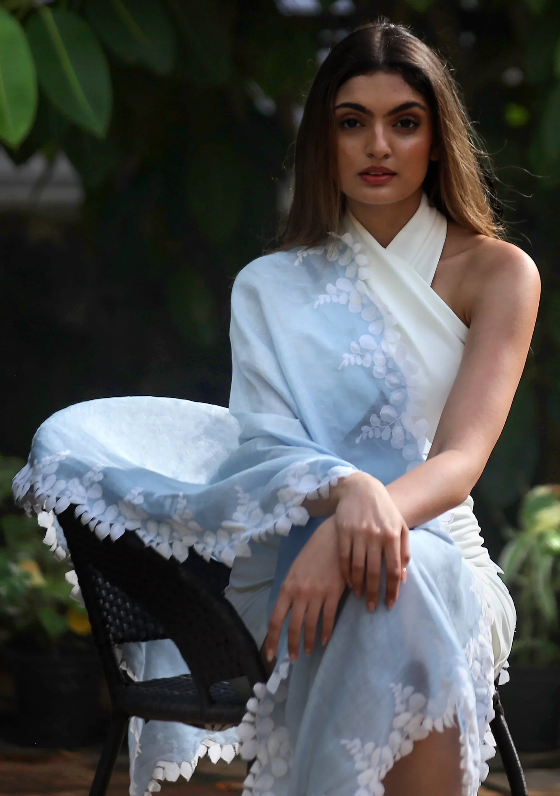 Powder Blue Linen and Modal Scarf with an Ivory Scalloped Lace Border