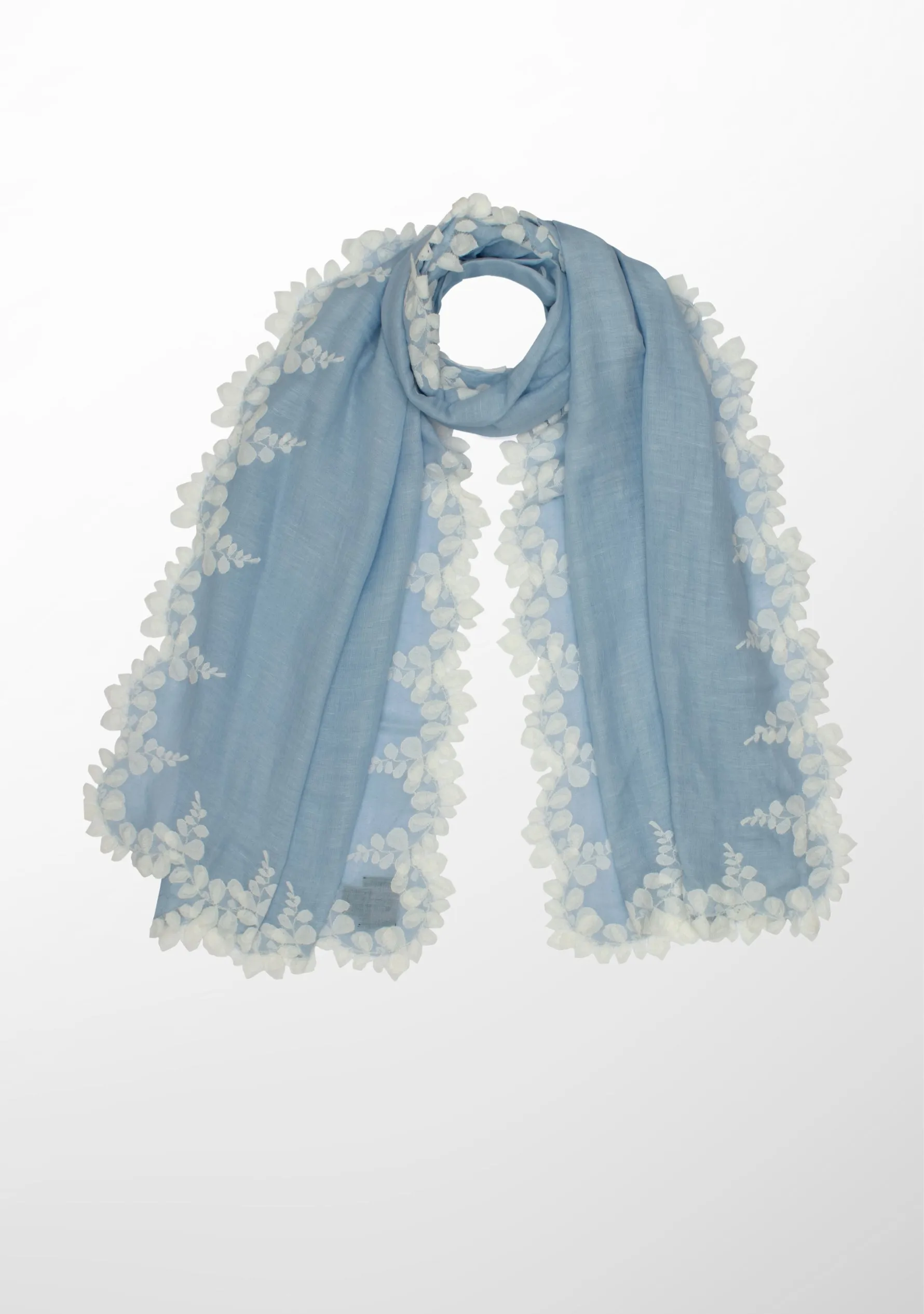 Powder Blue Linen and Modal Scarf with an Ivory Scalloped Lace Border