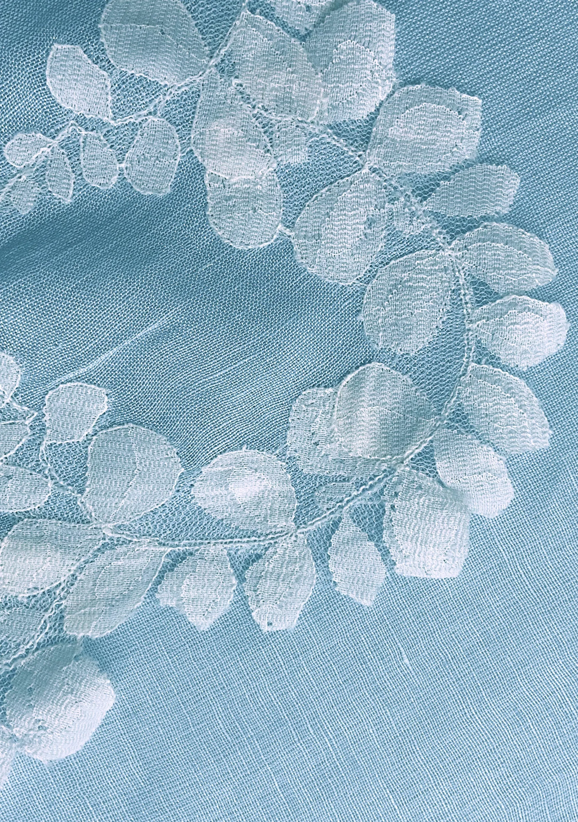 Powder Blue Linen and Modal Scarf with an Ivory Scalloped Lace Border