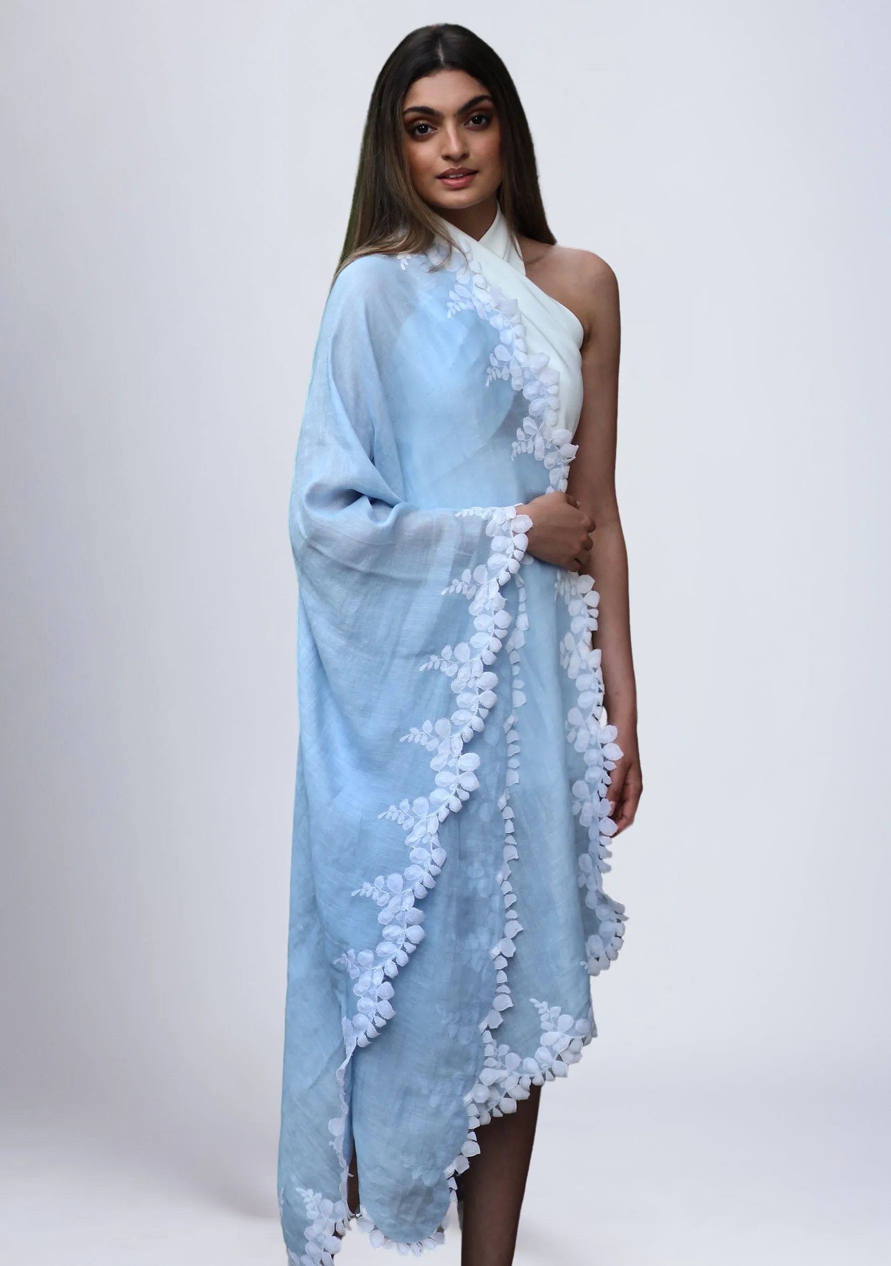 Powder Blue Linen and Modal Scarf with an Ivory Scalloped Lace Border