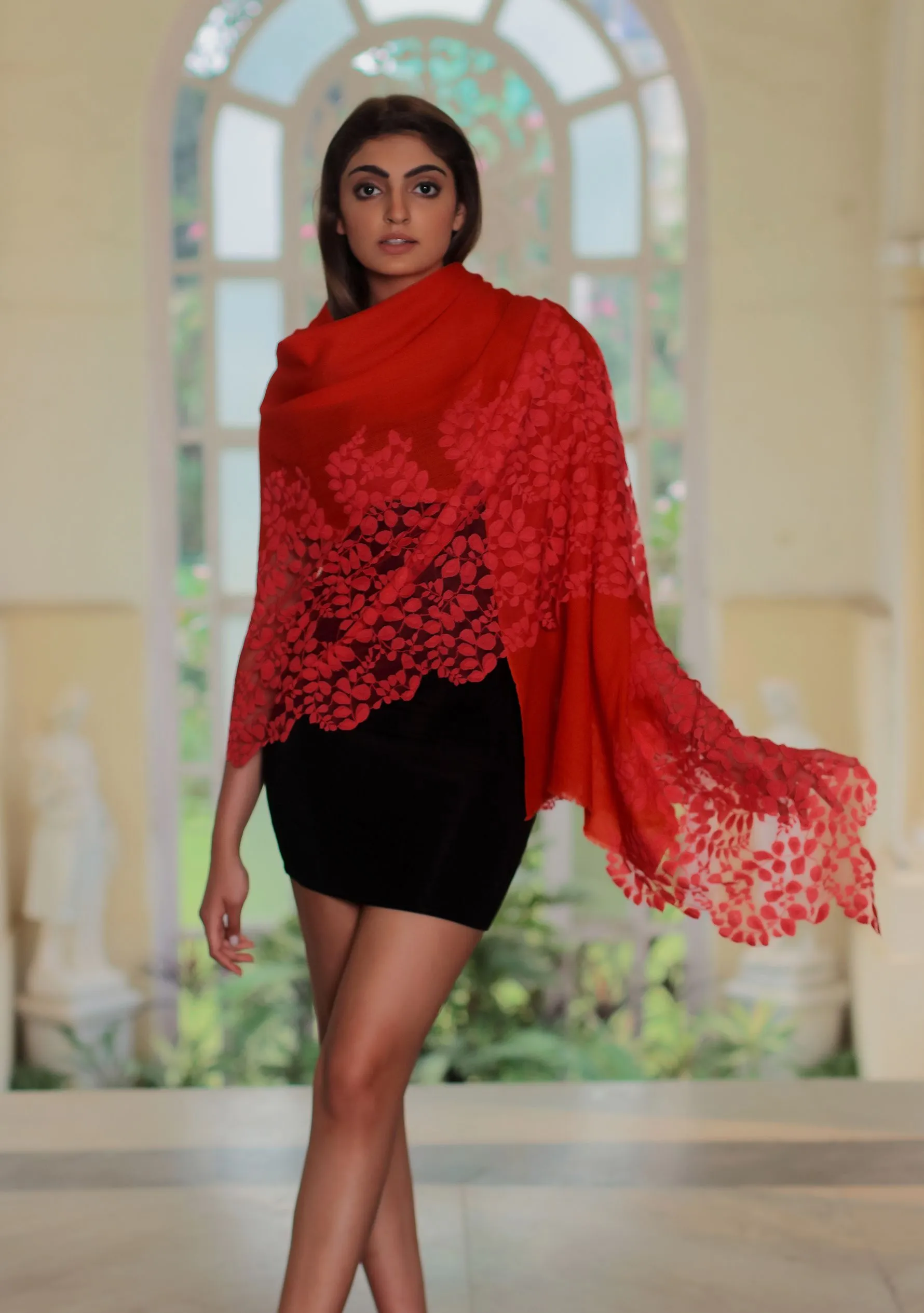 Red Cashmere Scarf with a Dk. Pink Bold Leaf Lace Panel