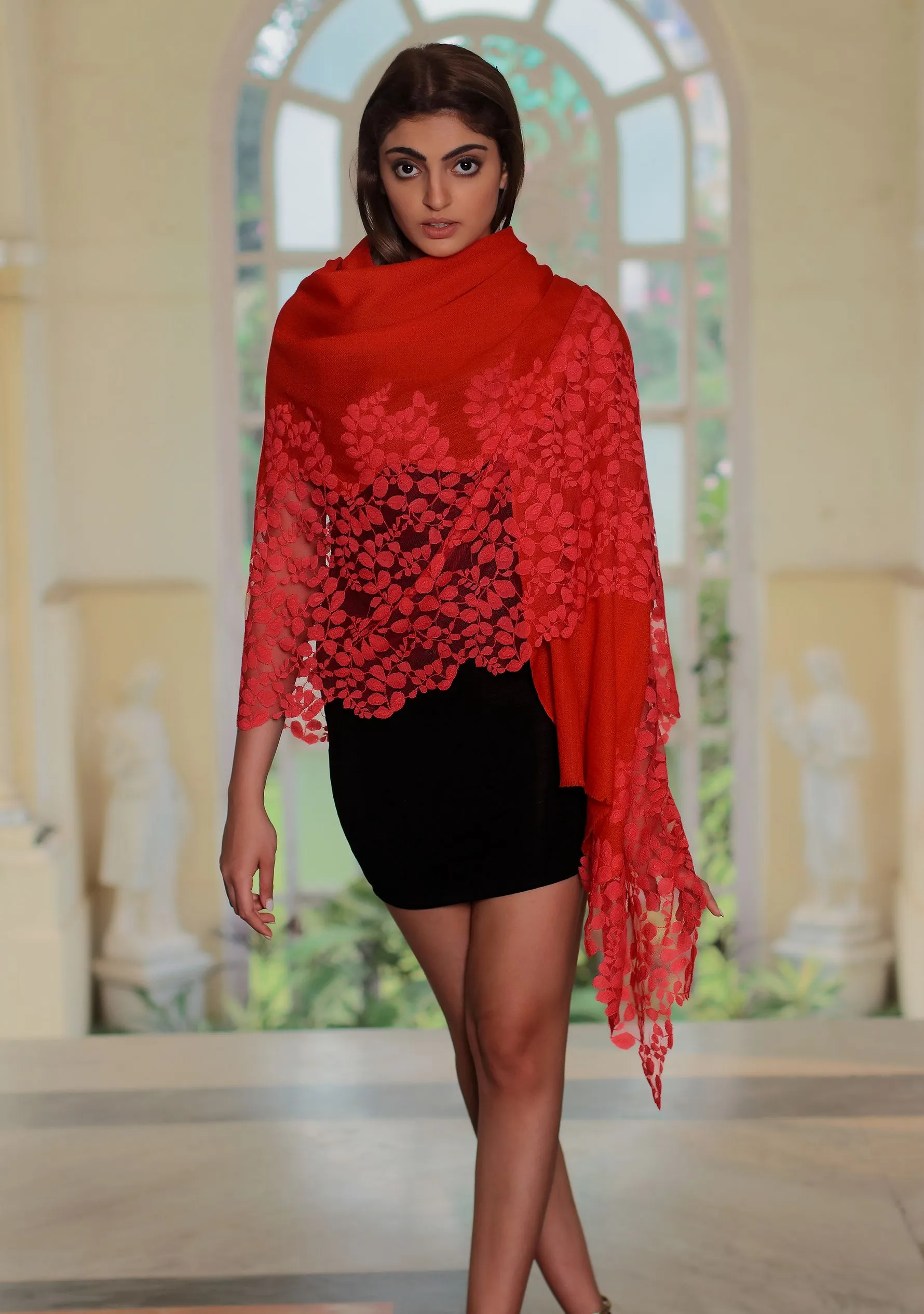 Red Cashmere Scarf with a Dk. Pink Bold Leaf Lace Panel