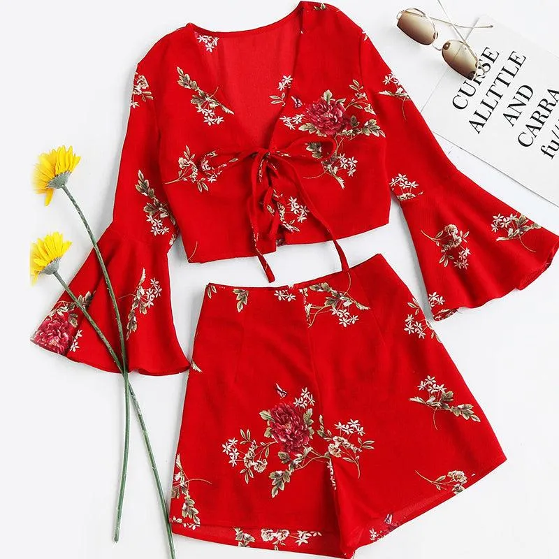 RED FLORAL FLARE SLEEVE LACE-UP SHORTS SET