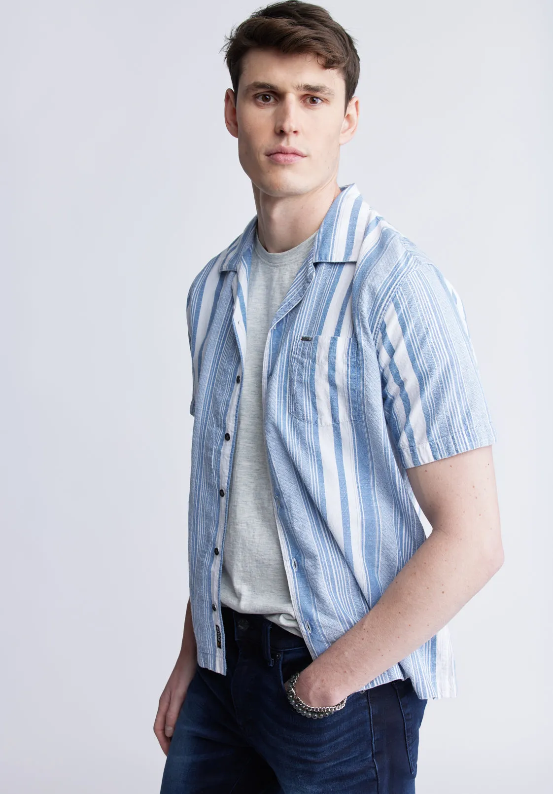 Sinap Men's Short Sleeve Striped Shirt, Blue and White - BM24367